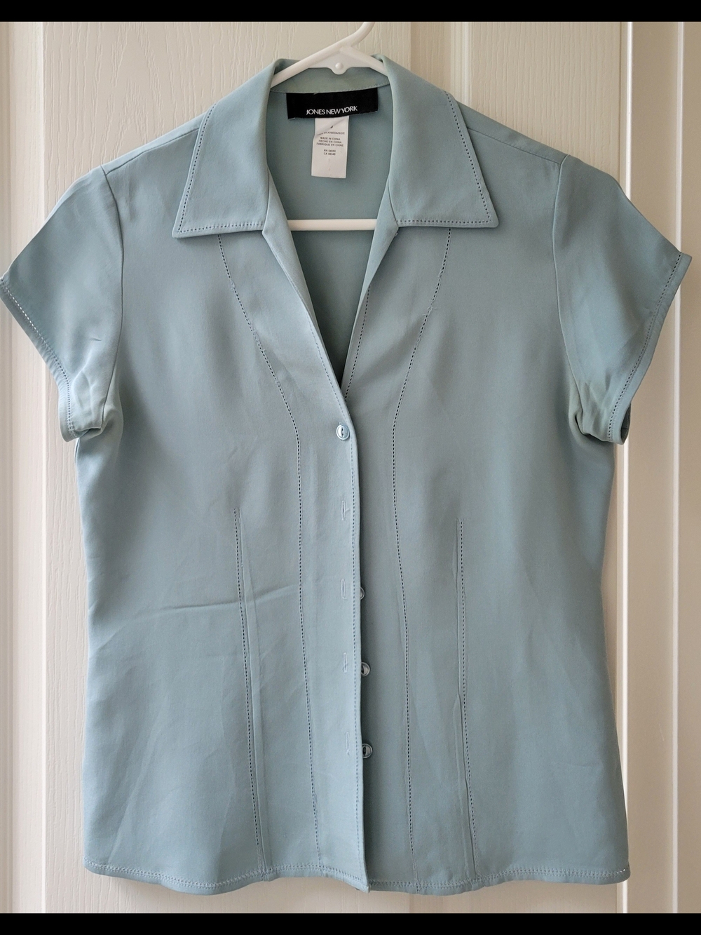 Jones New York Light Blue Short Sleeve Button Front Silk Blouse